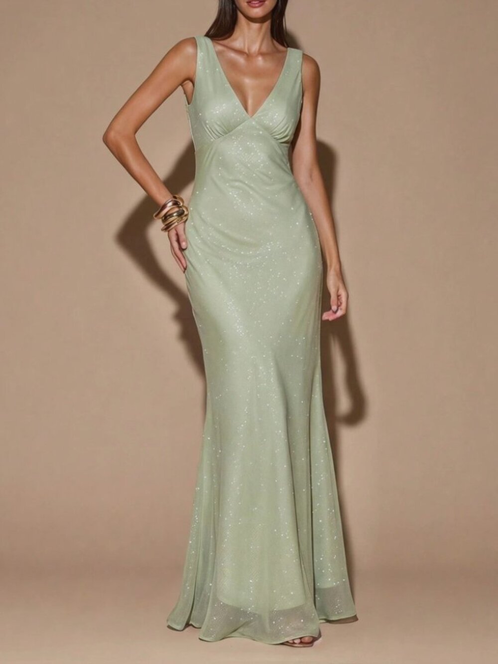 Mint Green Glitter V-Neck Maxi Dress
